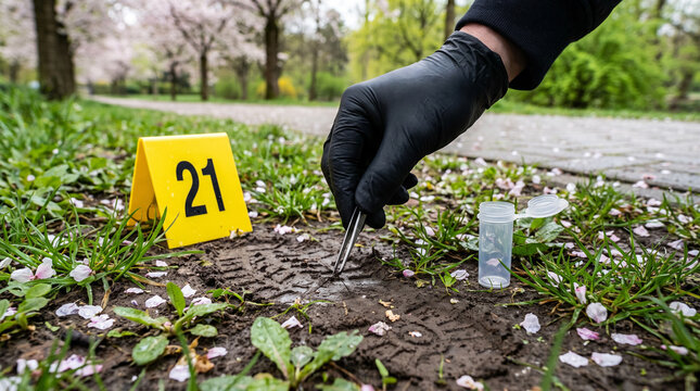 Forensic investigator collecting evidence at outdoor crime scene in spring with evidence marker and tweezers