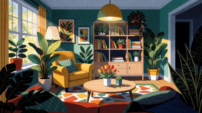 Cozy living room interior with yellow armchair and indoor plants in warm sunlight with copy space