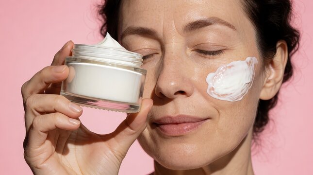 Mature woman applying face cream from a glass jar on a pink background with copy space
