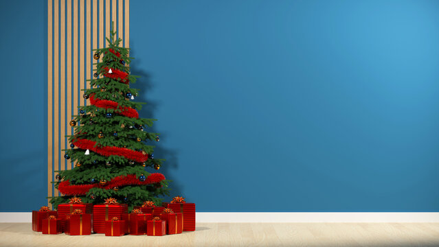 Decorated Christmas Tree with Red Present Boxes in Modern Room with Blue Wall and Copy Space