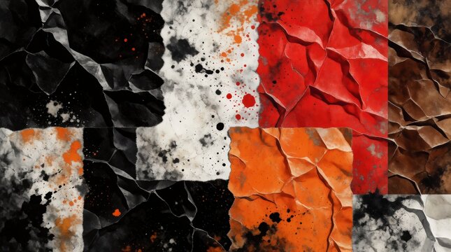Abstract collage of crumpled paper textures in black red and orange with paint splatter background