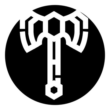 Geometric double headed battle axe icon representing power, strength, and mythology, creating a strong symbol within a black circular frame