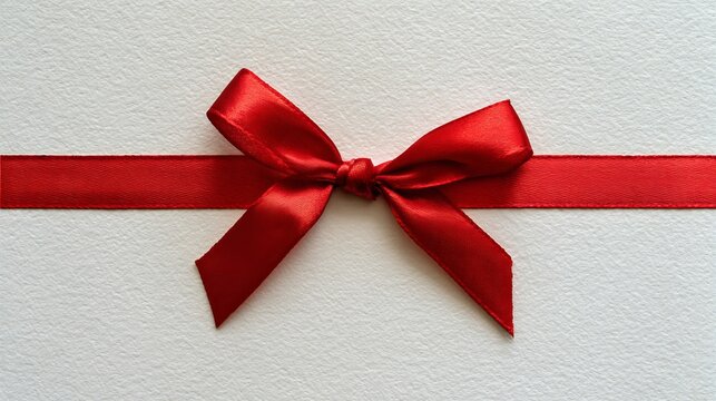 Vibrant red silk ribbon tied into a decorative bow resting upon textured white paper creating elegant holiday gift presentation
