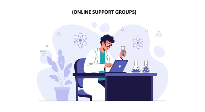Scientist working on laptop with test tubes in laboratory, science research and online collaboration concept
