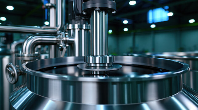 Industrial mixing vat stainless steel tank stirrer shaft factory equipment chemical plant metal container manufacturing process industrial mixer closed vessel blue light reflective surface