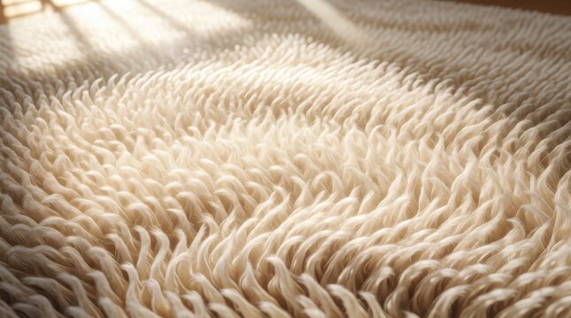 Soft white shaggy rug texture with natural sunlight and copy space for interior design background