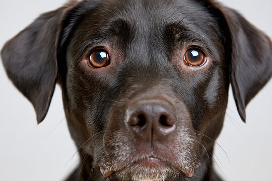 Close-up of a black dog with expressive brown eyes. Soft ears frame a gentle, curious gaze. Dark coat contrasts with light whiskers and nose. Dog appears calm and attentive, looking directly at viewer
