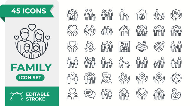 Family line icon collection featuring parents, children, caregiving, love, household life, bonding, support, relationships, unity.