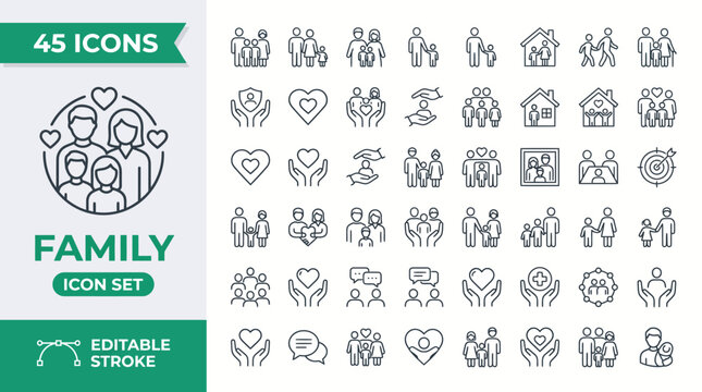 Family line icon collection featuring parents, children, caregiving, love, household life, bonding, support, relationships, unity.