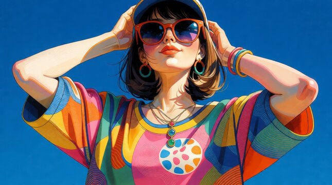Young woman wearing colorful summer clothes and sunglasses posing against a clear blue sky background