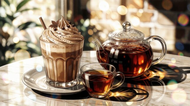 Iced coffee with whipped cream and glass teapot on marble table with warm bokeh background