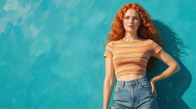Young woman with red hair posing against a bright blue wall with copy space for commercial design