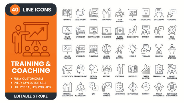 Modern training and coaching line icon collection, editable stroke vector set, business learning, mentoring, workshops, growth, productivity.