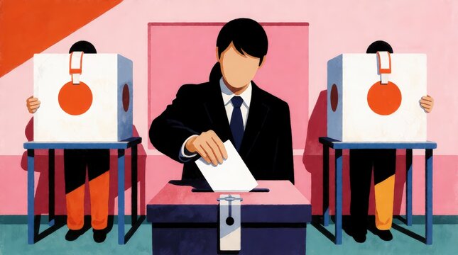 Election day voters casting ballots in private booths with a person in a suit at the ballot box