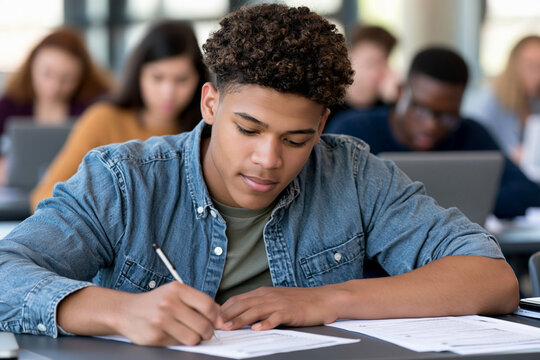 Focused young man writes diligently at a desk. Background peers study quietly, blurred softly. Bright classroom lighting enhances concentration. Ideal for education, student life