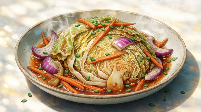 Steamed cabbage with carrots and red onion in a savory sauce served in a ceramic bowl