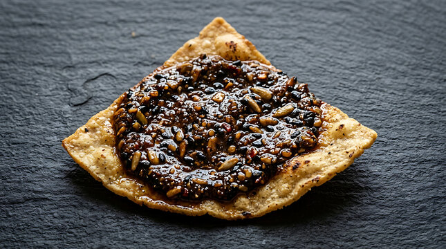 Savory Za'atar Flatbread Bite with Seeds on Dark Slate