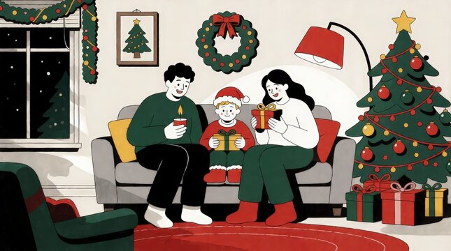 Family celebrating Christmas with gifts on a sofa in a cozy living room with festive decorations