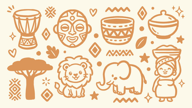African tribal culture and safari elements vector illustration set with lion elephant mask drum and acacia tree