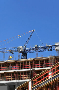 Construction site with crane, framework and installation work
