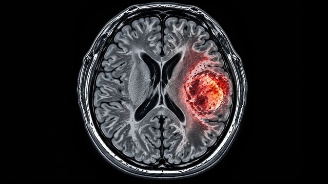 Single axial brain MRI scan showing a large, glowing red tumor or hemorrhage.