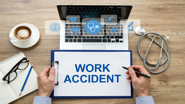 Doctor holding clipboard with work accident text on desk with laptop and stethoscope.