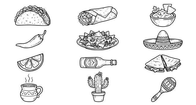 Mexican food doodle line art collection with tacos burrito nachos guacamole and festive icons