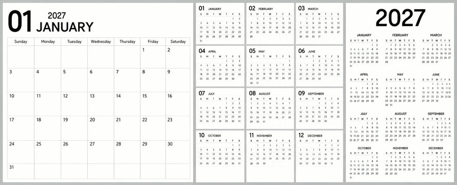 Realistic calendar design 2027 year | Week starts on Sunday | 12 months elegant English calendar 2027 modern annual organizer with notes
