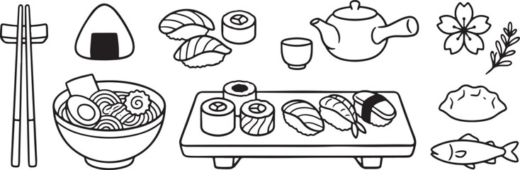 Fototapeta premium Japanese Food Sushi and Ramen Outline Icons Vector Set