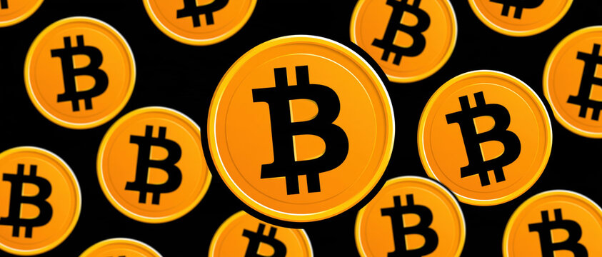 Digital coin symbol on black background, orange coin pattern, financial currency concept, crypto market idea, web illustration