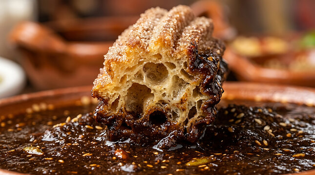 Churro dipped in chocolate sauce, close-up macro shot, dessert photography
