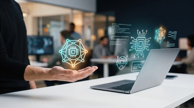 Futuristic artificial intelligence concept, glowing digital network icon on open palm, modern office laptop computer background