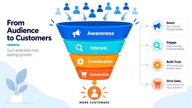 Marketing funnel infographic converting audience to customers with awareness and conversion stages