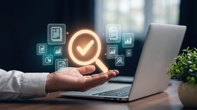 Digital quality control search icon with glowing checkmark, business data audit approval concept, laptop office workspace