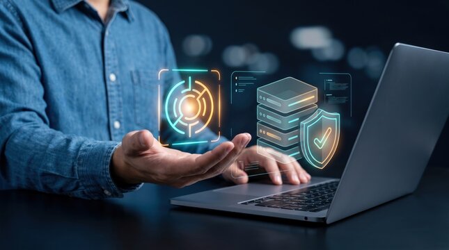 Cybersecurity data protection concept, professional IT specialist securing database server with glowing shield overlay, laptop network security