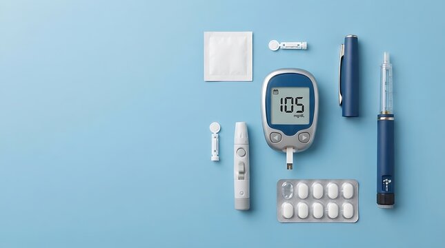 Diabetes glucose monitor with insulin pen and medical supplies on blue background