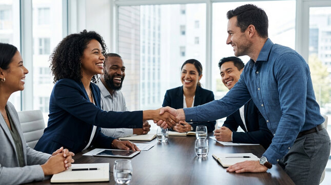 Diverse team handshake in modern office, successful business meeting collaboration