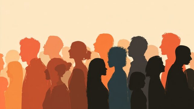 Diverse multicultural community and family group silhouettes, multiethnic people standing together in unity, communication and connection across different cultures, inclusive society, social diversity