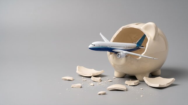 Travel savings goal concept with a toy airplane breaking from a ceramic piggy bank, featuring copy space for financial planning messages