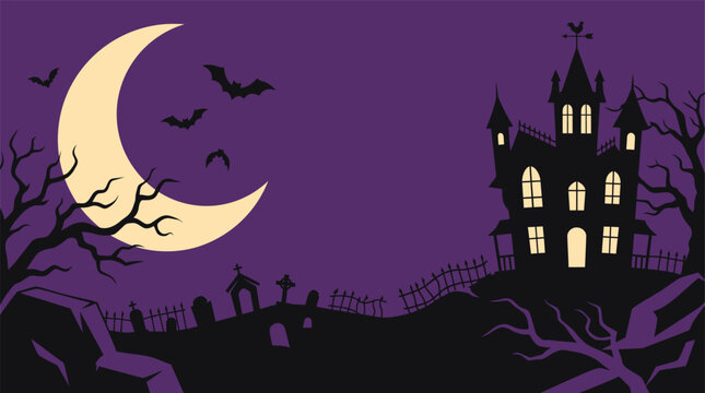 A spooky halloween background vector illustration featuring a haunted castle silhouette under a crescent moon in a purple night sky