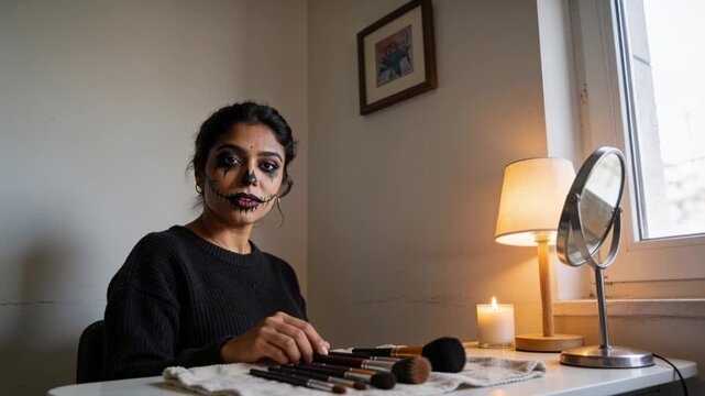 Turning skull-faced woman in black sweater handling brushes at white table by window, modeling look