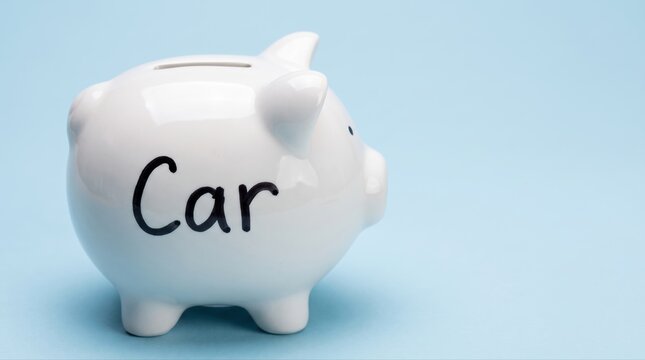 Car purchase savings concept with a white piggy bank labeled car, featuring copy space for auto loan, budget, and financial goal messages