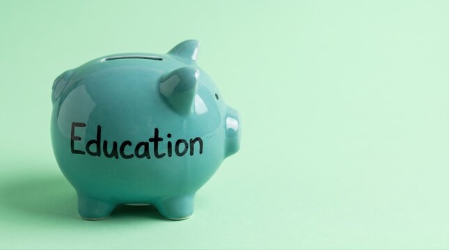 Education savings goal concept with a turquoise piggy bank labeled education, featuring copy space for tuition planning and future investment messages