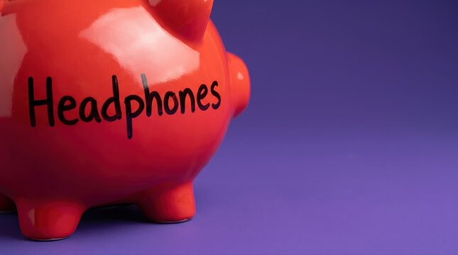Entertainment budget savings concept with a red piggy bank labeled headphones, featuring copy space for music technology purchase planning messages