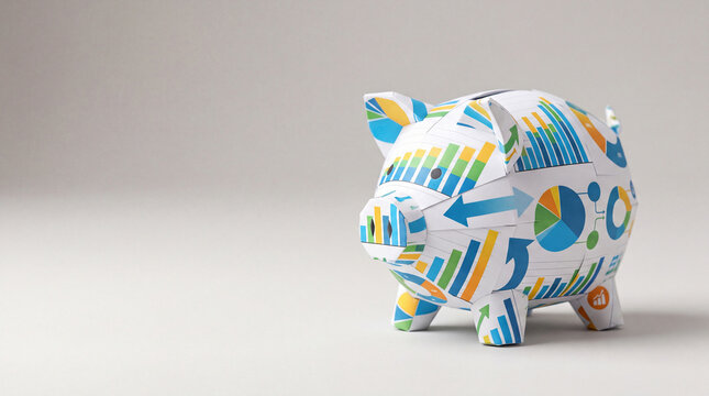 Data driven savings concept with a paper piggy bank covered in financial charts, featuring copy space for investment and budget analysis messages