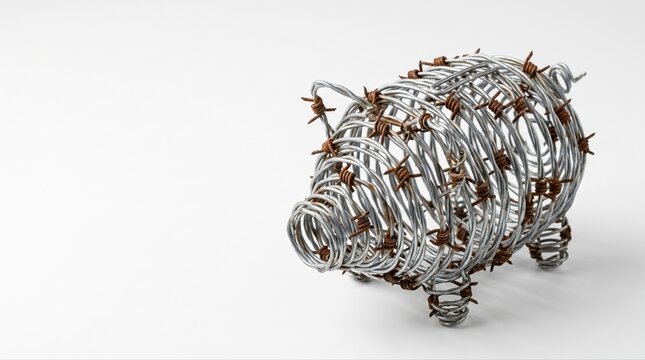 Restricted savings and financial risk concept with a piggy bank wrapped in barbed wire, featuring copy space for money security messages