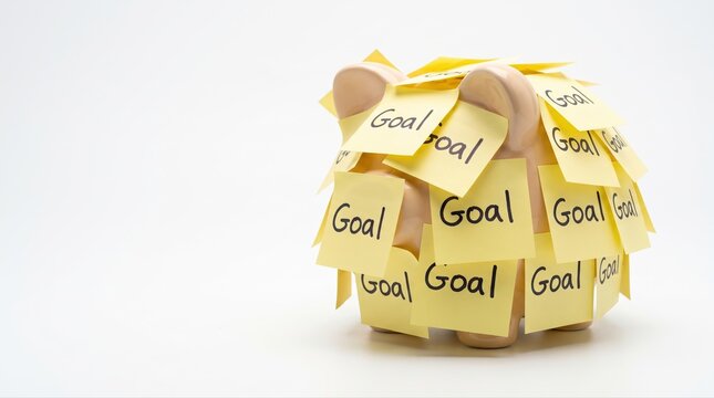 Goal setting savings concept with a piggy bank covered in handwritten goal notes, featuring copy space for personal finance planning messages