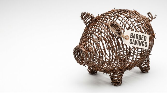Barbed savings concept with a wire piggy bank and handwritten label, featuring copy space for financial hardship and money protection ideas