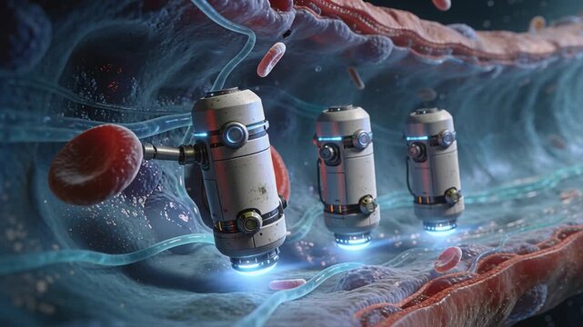 Nearing red blood cell, three microrobots extending lead arm, drifting through vessel, probing cell