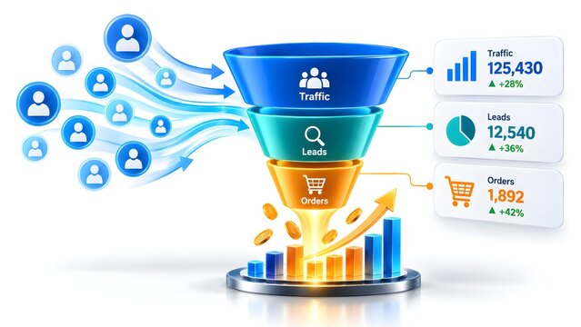 Lead generation marketing funnel converting traffic into orders with dynamic data dashboard panels